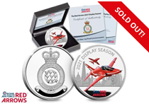 The Red Arrows Display Season Commemorative is struck from 1oz of .999 Silver to a Proof finish. The reverse features a selectively coloured image of two Red Arrows in flight.