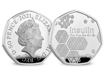This 50p has been struck and issued by The Royal Mint to mark the 100th anniversary of the discovery of insulin. It's struck from .925 silver to a Proof finish.