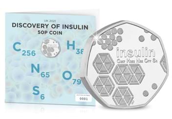 2021 UK Discovery of Insulin 50p Display Card Front and Reverse of Coin