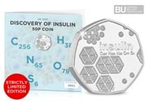 This exclusive Change Checker Display Card featuring themed artwork houses the UK 2021 Discovery of Insulin 50p which has been protectively encapsulated in Change Checker CERTIFIED BU Packaging.
