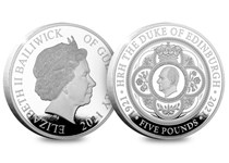 Your Prince Philip in Memoriam £5 coin has been struck to a Proof finish. The reverse features a portrait of Prince Philip surrounded by a heraldic design. EL: 4,995