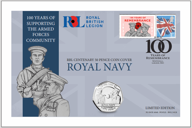 RBL Centenary 50 Pence Coin cover Royal Navy
