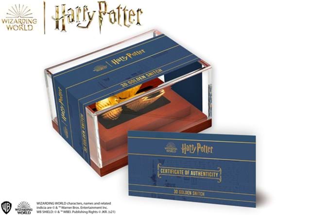 Harry Potter Golden Snitch Coin beside Certificate