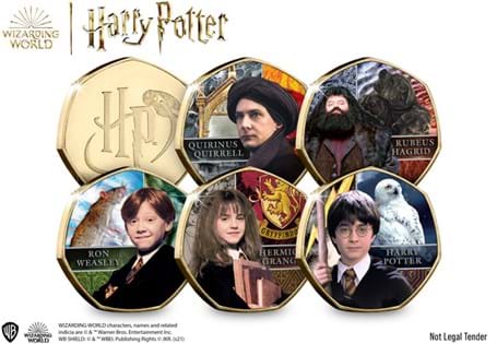 This gold-plated set features five commemorative, each with a different Harry Potter and the Philosophers Stone character, along with their associated pets and emblems. 