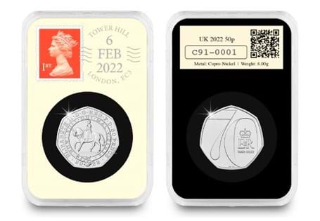 The 2022 Platinum Jubilee 50p has been preserved in this special one-day-only DateStamp™ issue, marking the Queen’s Platinum Jubilee.