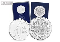 The 2022 Platinum Jubilee 50p and £5 have been issued to celebrate Queen Elizabeth II's Platinum Jubilee. Featuring an obverse design of the Queen riding on horseback & certified as BU quality.