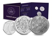 The Platinum Jubilee Celebration Coin Pack includes the 2022 Platinum Jubilee 50p & £5 issued to celebrate Queen Elizabeth II's Platinum Jubilee, along with the 1953 Coronation Crown.
