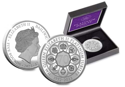 The Platinum Jubilee Proof Five Pounds Obverse and Reverse with Display Box in Foreground