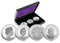 This Set brings together three £5 coins, each struck to a Proof finish, from Jersey, Guernsey and the Isle of Man. The designs features a heraldic, young portrait and old portrait.