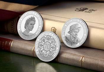 The Platinum Jubilee Proof Five Pound Set all Reverses with Themed Background