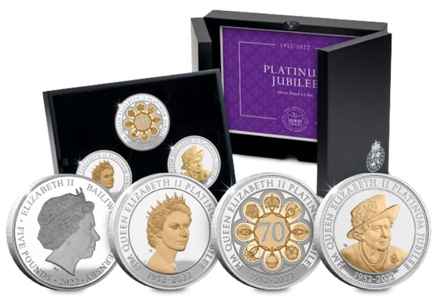 The Platinum Jubilee Silver Proof Five Pound Set all Reverses with Display Box in Background