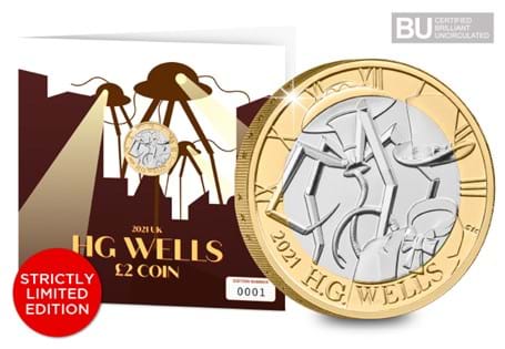 This exclusive Change Checker Display Card features houses the UK 2021 H. G. Wells BU £2, which has been protectively encapsulated in Change Checker CERTIFIED BU packaging, ready to display.