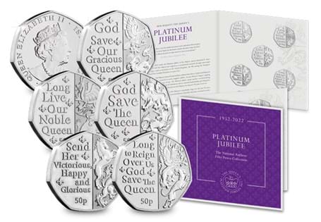 This set brings together five 50p coins issued by the Isle of Man to mark Her Majesty's Platinum Jubilee. Each coin features a line from the national anthem. Brilliant Uncirculated finish.