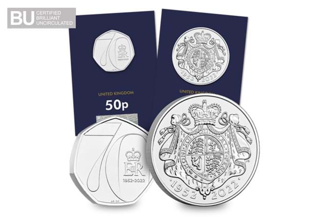 2022 Platinum Jubilee BU 50p & £5 Pair Both Reverses in Change Checker Card with BU logo