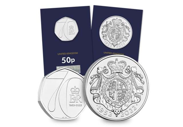 2022 Platinum Jubilee BU 50p & £5 Pair Both Reverses in Change Checker Card with Coins