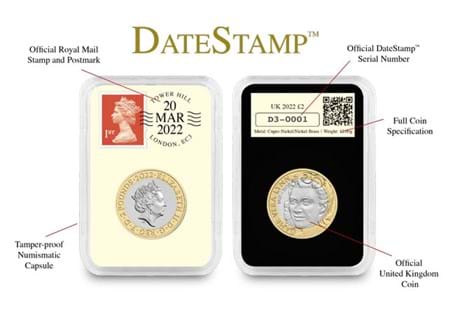 This UK £2 DateStamp™ issue includes the UK 2022 Vera Lynn £2 coin. It will be postmarked with the 20th March 2022 - the 105th Anniversary of her birth. EL 500.