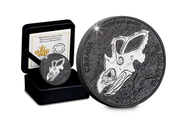 Canada 2022 Discovering Dinosaurs: Mercury's Horned Face Silver Proof Coin beside box