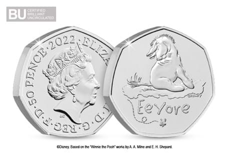 Eeyore BU 50p issued by The Royal Mint — the seventh coin in the series to celebrate Winnie the Pooh. Struck to a Brilliant Uncirculated quality and comes in Official Change Checker packaging.