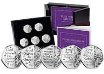 Set of five 50p coins issued by the Isle of Man to mark Her Majesty's Platinum Jubilee. struck from .925 Sterling Silver to a Reverse Proof finish — comes complete with Certificate of Authenticity.