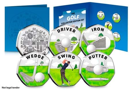 The commemorative set designs shows a player taking a swing on a well-kept golf course. This is surrounded by designs of each of the golf club, driver, iron, putter and wedge.