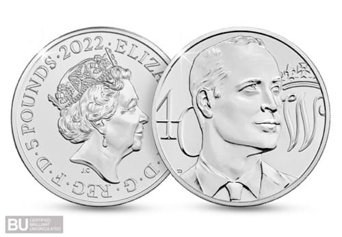 2022 UK Prince William £5 Coin obverse and reverse with BU logo