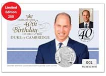 The Silver Coin Cover features The Royal Mint issued Prince William 40th Birthday Silver Proof £5 coin, alongside the 2016 Prince William 1st Class stamps issued by Royal Mail.