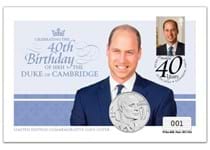 The BU Coin Cover features The Royal Mint issued Prince William 40th Birthday Brilliant Uncirculated £5 coin alongside the 2016 Prince William 1st Class stamps issued by Royal Mail.