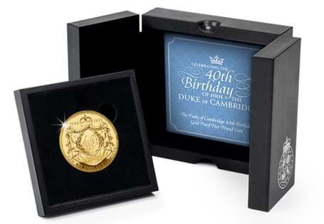 This coin has been issued to mark the 40th Birthday of the Duke of Cambridge. This £5 has been struck from 24 carat gold to a proof finish features a design from heraldic artist Quentin Peacock. EL 40
