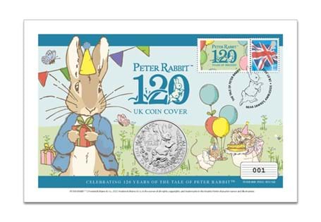 Celebrate 120 years of Peter Rabbit with this cover featuring the UK anniversary £5 coin, and a Royal Mail stamp, postmarked on Beatrix Potter's birthday.