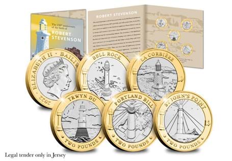 Issued to mark 250 years since the birth of Robert Stevenson, the famous lighthouse architect. This set contains 5 Jersey £2 coins, each featuring a different lighthouse from around the UK EL: 2,022