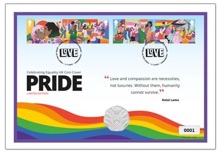 Your coin cover features the Royal Mint 2022 Pride 50p in Brilliant Uncirculated Quality alongside Royal Mail Pride 4 x 1st Class Stamps. Postmarked on their first day of issue - 1st July 2022.