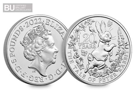 This £5 coin has been issued to commemorate the 120th Anniversary of Peter Rabbit™. This coin has been protectively encapsulated and certified as Brilliant Uncirculated.