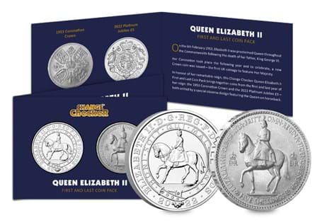 This Pack includes Her Majesty Queen Elizabeth II's 1953 Coronation Crown. Features her first UK coin alongside the 2022 Platinum Jubilee £5 issued in the final year of Her Majesty's remarkable reign.