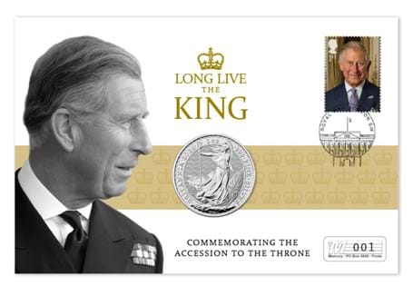 The Long Live the King Coin Cover is issued to commemorate King Charles III's accession to the throne. Featuring an official Royal Mail Stamp and a UK 2022 Silver 1oz Britannia.