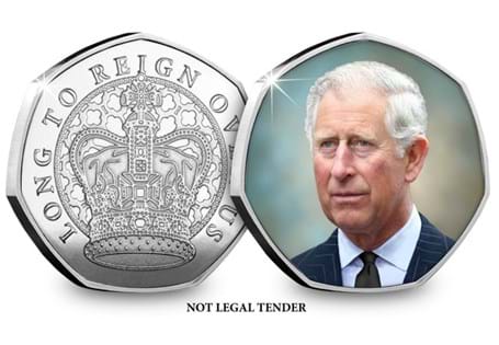 Issued to celebrate King Charles III accession to the throne, it features St. Edward's Crown with the text 'Long To Reign Over Us'. The reverse features a full colour image of King Charles III.