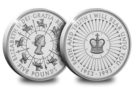 To celebrate the Queen's 40th Coronation anniversary in 1993, Th e Royal Mint issued a £5 coin that features the Crown of St Edward which was used at the Coronation, set within 40 radiating trumpets.