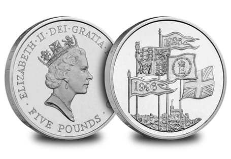 Issued in 1996 to celebrate the 70th Birthday of Queen Elizabeth II. Reverse design features Windsor Castle and two pennants bearing the anniversary dates 1926 and 1996.