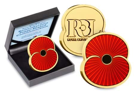 This commemorative is a poppy®-shaped medal displaying a red coloured poppy on the reverse and the RBL logo on the obverse. Come in a small Leatherette box with a cert
