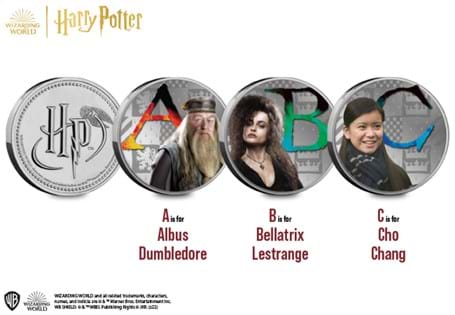 The Official Harry Potter ABC Commemoratives feature iconic Harry Potter characters alongside the first 3 letters of the alphabet. The obverse features the Official Harry Potter Logo.