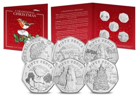 Issued for Christmas 2022, own all five brand new Traditional Christmas 50ps, struck to a Brilliant Uncirculated finish and authorised for release by Guernsey.