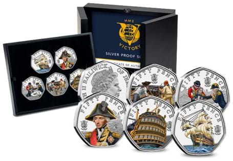 This set of five 50ps has been issued by Jersey to mark 100 years of the HMS Victory being in dry docks. They have been struck from .925 Silver with selective colour ink. EL: 400