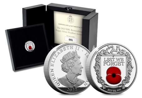 Issued to commemorate Remembrance Day, your coin is struck from .999 pure silver with selective colour ink. It features an iconic Royal British Legion Poppy and the words 'Lest we Forget'. EL: 150