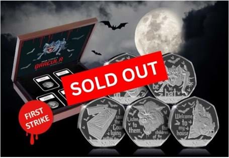To mark the 125th Anniversary of Bram Stoker’s Dracula, a special set of ‘Dark Proof’ 50p coins have been released. This Limited Edition Presentation features the VERY FIRST sets to be struck.