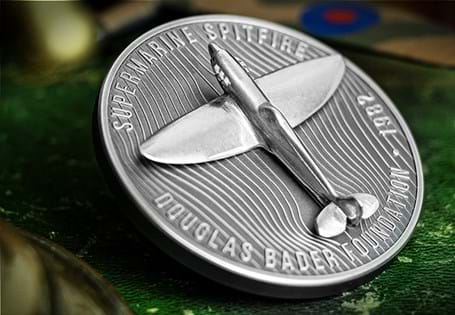 Issued to mark the 40th Anniversary of the Douglas Bader Foundation. Struck from 1oz of .999 Silver to an antique finish, it features a model spitfire made from the wing spar of a Spitfire AB910.