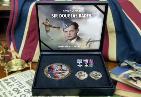 Issued to celebrate the 40th Anniversary of the Douglas Bader Foundation. Features 1x 100mm medal and 2x 38mm medals with bespoke designs of Bader with spitfires. 3 replica war medals included.EL: 250