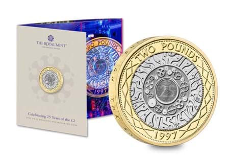 This BU £2 coin released by The Royal Mint is in celebration of the 25th anniversary of the first bi-metallic £2. Struck to Brilliant Uncirculated quality, designed by Bruce Rushin.