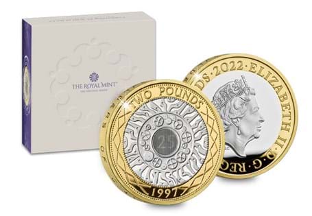 This new Silver Proof £2 coin has been released by The Royal Mint in celebration of the 25th anniversary of the first bi-metallic £2. Struck to .925 Silver and plated with fine gold. LEP: 2,525