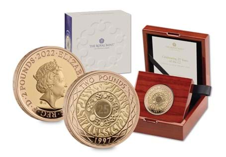 This brand-new Gold Proof £2 coin has been released by The Royal Mint to celebrate the 25th anniversary of the bi-metallic £2 coin. Struck to 22 carat gold. LEP: 275