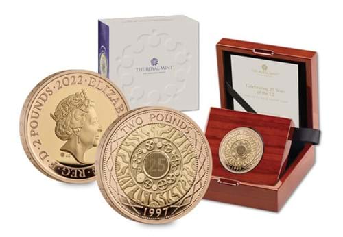 25 Years Of The £2 Anniversary Edition Gold Obverse Reverse With Packaging