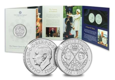 The brand-new £5 BU coin featuring King Charles new official coinage portrait. Celebrates the remarkable reign of QEII.